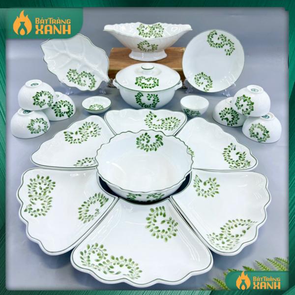 Bộ bát đĩa hoa mặt trời Bát Tràng họa tiết lá me xanh 55cm Bộ bát đĩa hoa mặt trời Bát Tràng họa tiết lá me xanh 55cm