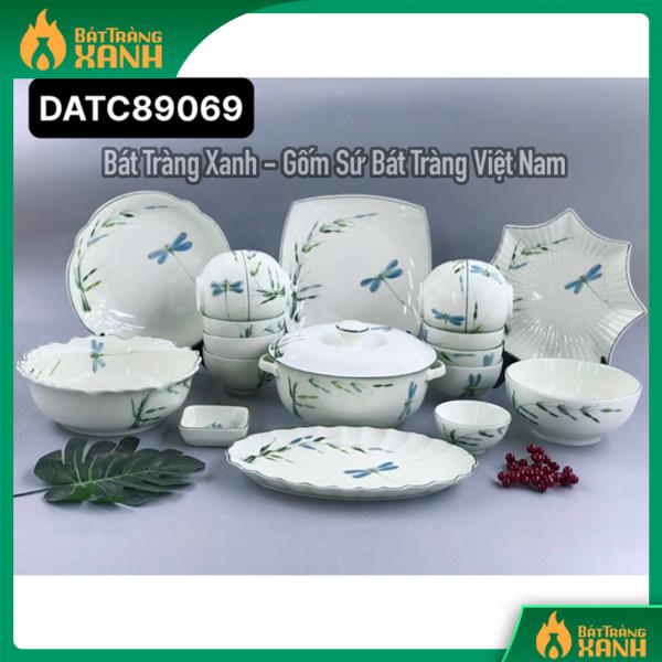 Bộ bát đĩa Bát Tràng men kem họa tiết chuồn chuồn tre Bộ bát đĩa Bát Tràng men kem họa tiết chuồn chuồn tre