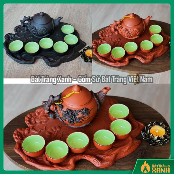 Bộ Ấm Chén Bát Tràng Đắp Nổi Gốc Cây Hoa Phù Dung, Cây Tùng Kèm Khay Bộ Ấm Chén Bát Tràng Đắp Nổi Gốc Cây Hoa Phù Dung, Cây Tùng Kèm Khay