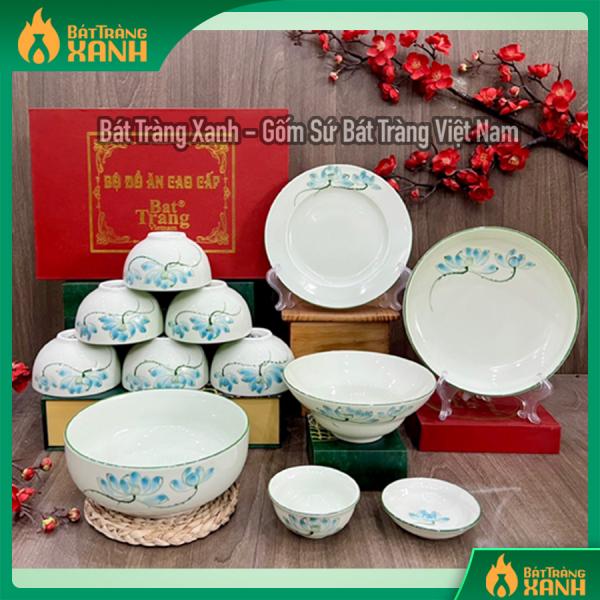 Bộ bát đĩa Bát Tràng họa tiết hoa sen xanh Bộ bát đĩa Bát Tràng họa tiết hoa sen xanh