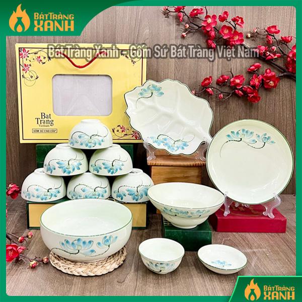 Bộ bát đĩa cao cấp hoa sen xanh Bộ bát đĩa cao cấp hoa sen xanh