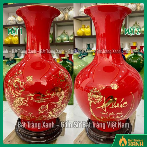 Bình củ tỏi Bát Tràng men đỏ vẽ vàng sen cá phúc, dáng củ tỏi Bình củ tỏi Bát Tràng men đỏ vẽ vàng sen cá phúc, dáng củ tỏi