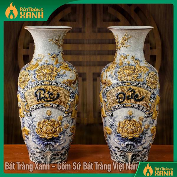 Lộc Bình Phúc Đức 55cm Men Rạn, Lộc Bình Đắp Nổi Phúc Đức Sen Cá Lộc Bình Phúc Đức 55cm Men Rạn, Lộc Bình Đắp Nổi Phúc Đức Sen Cá