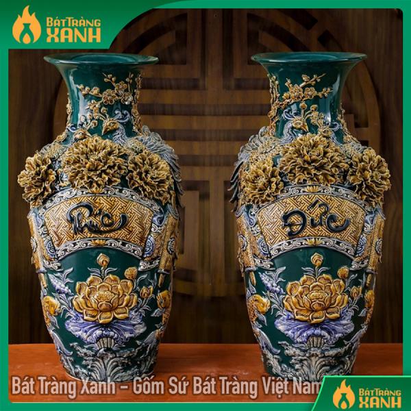 Lộc Bình 55cm Men Xanh Lục Bảo, Đắp Nổi Kênh Bong Phúc Đức Sen Cá Lộc Bình 55cm Men Xanh Lục Bảo, Đắp Nổi Kênh Bong Phúc Đức Sen Cá