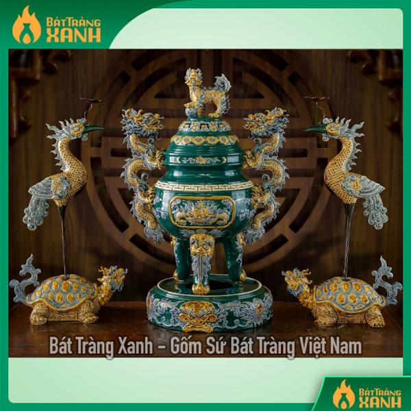 Bộ Đỉnh Hạc Bát Tràng Đắp Nổi Men Xanh Lục Bảo Cao Cấp Bộ Đỉnh Hạc Bát Tràng Đắp Nổi Men Xanh Lục Bảo Cao Cấp