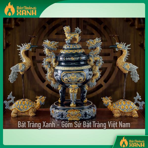 Bộ Đỉnh Hạc Bát Tràng Đắp Nổi Men Xanh Coban Cao Cấp Bộ Đỉnh Hạc Bát Tràng Đắp Nổi Men Xanh Coban Cao Cấp