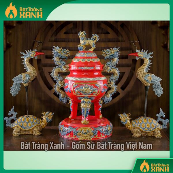 Bộ Đỉnh Hạc Bát Tràng Đắp Nổi Men Đỏ Cao Cấp Bộ Đỉnh Hạc Bát Tràng Đắp Nổi Men Đỏ Cao Cấp