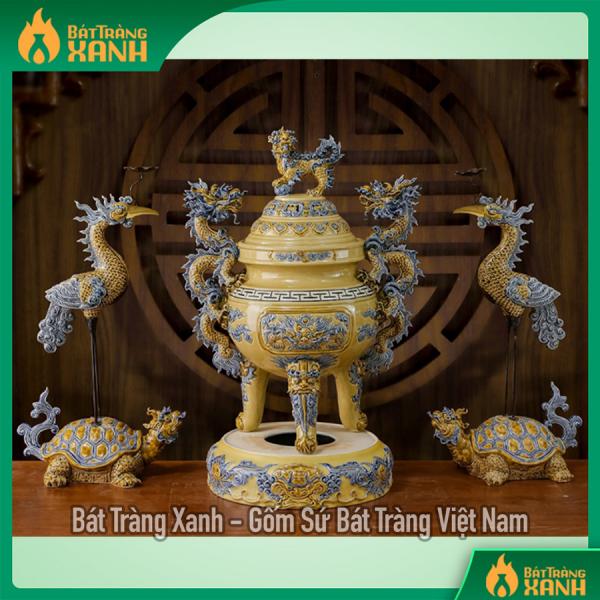 Bộ Đỉnh Hạc Bát Tràng Đắp Nổi Men Hoàng Tộc Cao Cấp Bộ Đỉnh Hạc Bát Tràng Đắp Nổi Men Hoàng Tộc Cao Cấp