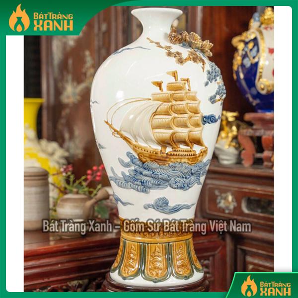 Mai Bình Đắp Nổi " Thuận Buồm Xuôi Gió " Men Trắng Mai Bình Đắp Nổi " Thuận Buồm Xuôi Gió " Men Trắng
