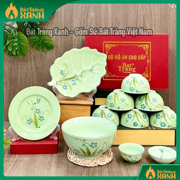 Bộ bát đĩa Bát Tràng ngọc hoa cỏ xanh Bộ bát đĩa Bát Tràng ngọc hoa cỏ xanh