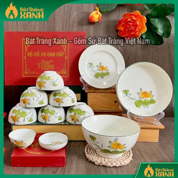 Bộ bát đĩa Bát Tràng họa tiết hoa sen cam Bộ bát đĩa Bát Tràng họa tiết hoa sen cam