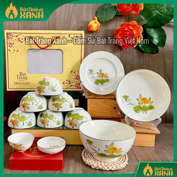 Bộ bát đĩa Bát Tràng hoa sen cam Bộ bát đĩa Bát Tràng hoa sen cam