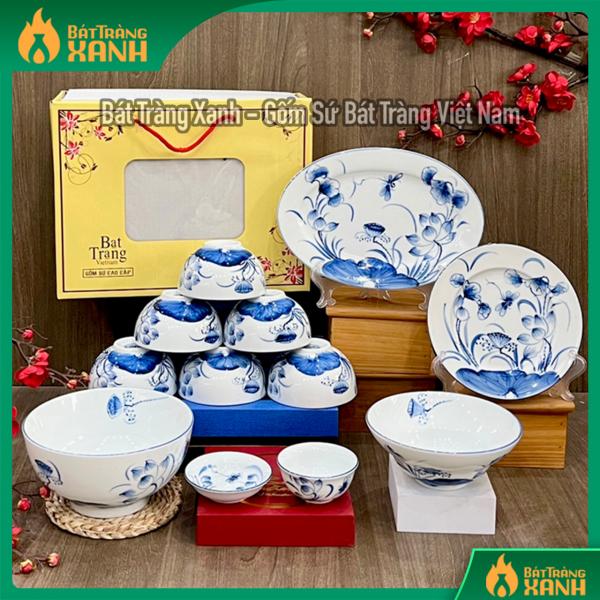 Bộ bát đĩa Bát Tràng vẽ sen chuồn Bộ bát đĩa Bát Tràng vẽ sen chuồn