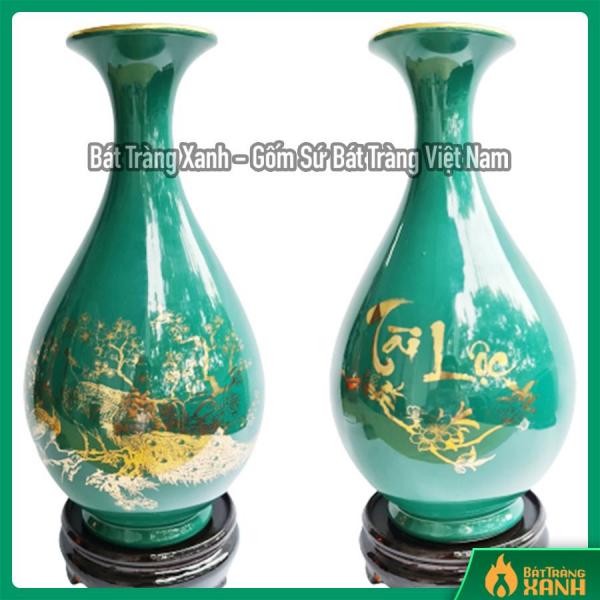 Bình Tỳ Bà Hút Lộc Bát Tràng Vẽ Vàng - Phúc Sen cá - Men Xanh Lục Bảo Bình Tỳ Bà Hút Lộc Bát Tràng Vẽ Vàng - Phúc Sen cá - Men Xanh Lục Bảo
