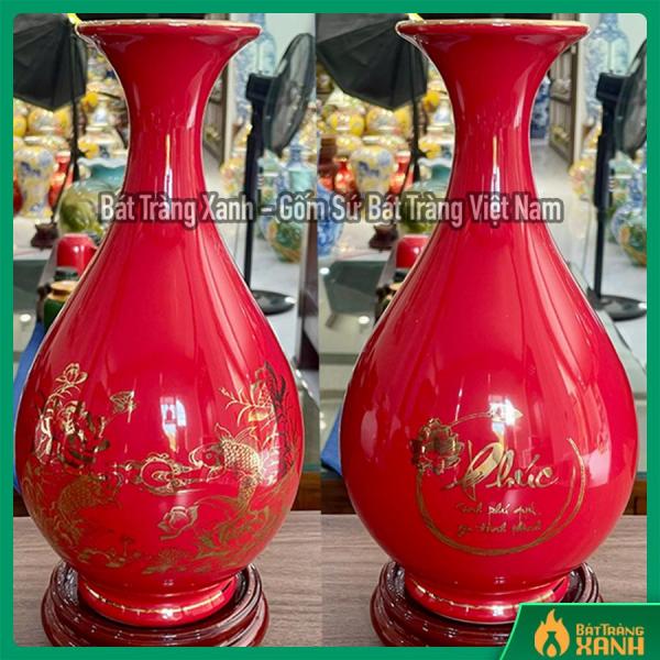 Bình Tỳ Bà Hút Lộc Bát Tràng Vẽ Vàng - Phúc Sen cá - Men Đỏ Bình Tỳ Bà Hút Lộc Bát Tràng Vẽ Vàng - Phúc Sen cá - Men Đỏ