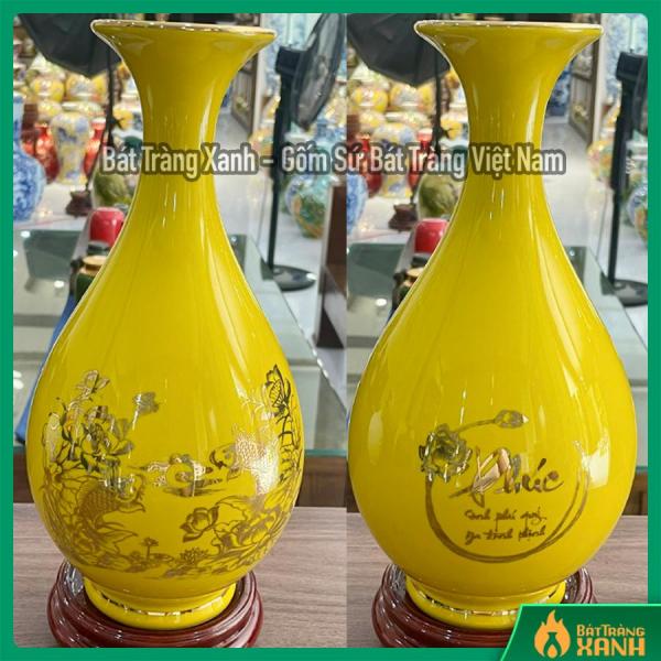 Bình Tỳ Bà Hút Lộc Bát Tràng Vẽ Vàng - Phúc Sen cá - Men Vàng Bình Tỳ Bà Hút Lộc Bát Tràng Vẽ Vàng - Phúc Sen cá - Men Vàng
