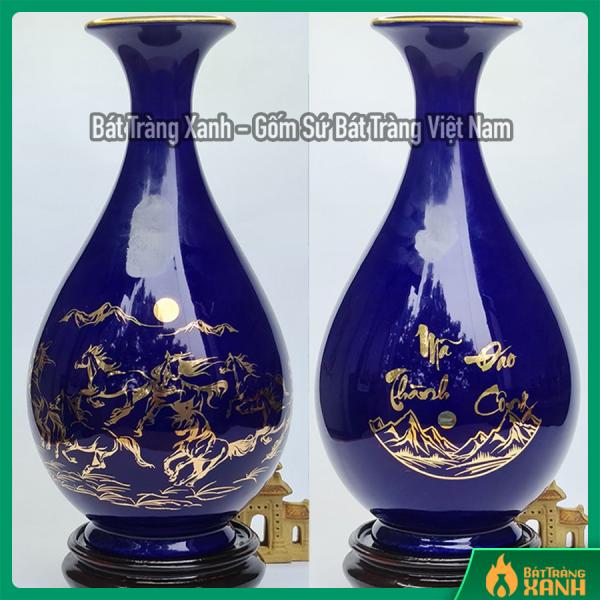 Bình Tỳ Bà Hút Vẽ Vàng - Mã Đáo Thành Công - Men Xanh Coban Bình Tỳ Bà Hút Vẽ Vàng - Mã Đáo Thành Công - Men Xanh Coban