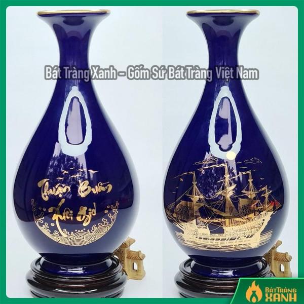 Bình Tỳ Bà Hút Lộc Vẽ Vàng - Thuận Buồm Xuôi Gió - Men Xanh Coban Bình Tỳ Bà Hút Lộc Vẽ Vàng - Thuận Buồm Xuôi Gió - Men Xanh Coban