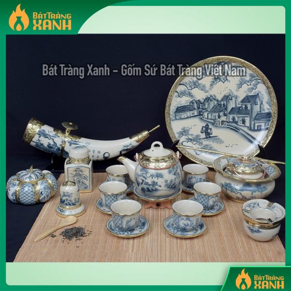 Ấm chén men giả cổ bọc đồng sơn thủy dáng vại phụ kiện + ngà voi Ấm chén men giả cổ bọc đồng sơn thủy dáng vại phụ kiện + ngà voi