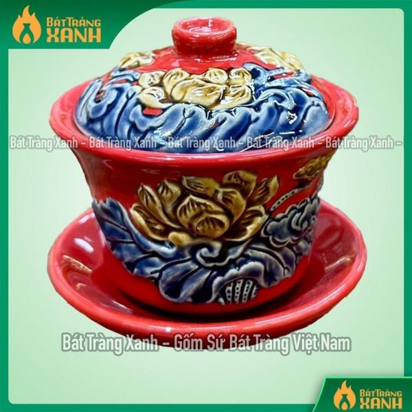 Bát sâm Men Đỏ Đắp Nổi, Bát Sâm Thờ Cúng, Gốm Sứ Bát Tràng xanh Bát sâm Men Đỏ Đắp Nổi, Bát Sâm Thờ Cúng, Gốm Sứ Bát Tràng xanh