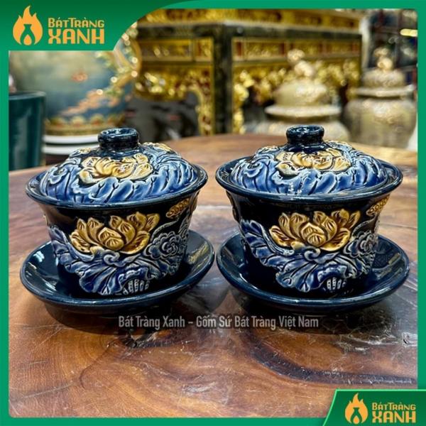 Bát sâm Men Xanh CoBan Đắp Nổi Bát Tràng, Bát Sâm Thờ Cúng Phong Thuỷ Bát sâm Men Xanh CoBan Đắp Nổi Bát Tràng, Bát Sâm Thờ Cúng Phong Thuỷ