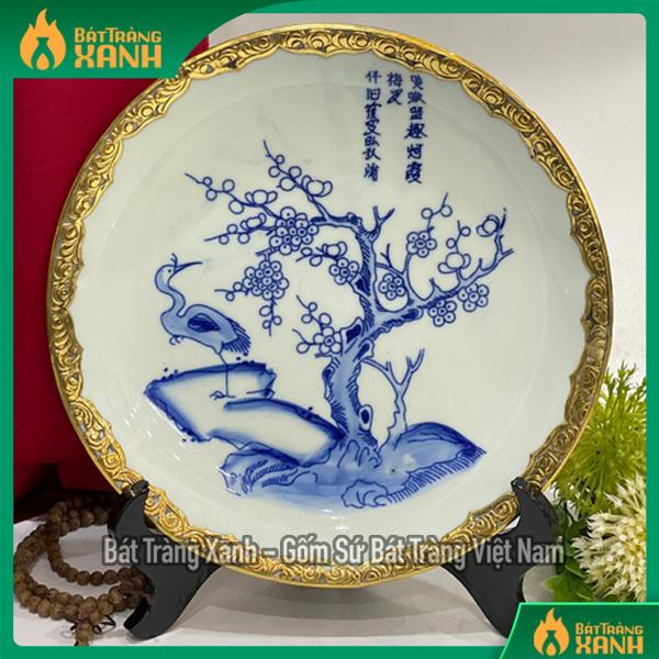 Đĩa sứ men lam bọc đồng họa tiết phi 22cm Đĩa sứ men lam bọc đồng họa tiết phi 22cm