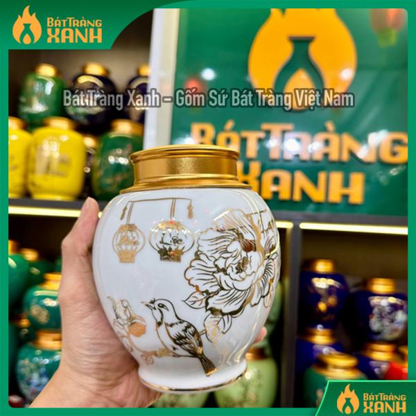 Bình đựng trà Chim Hoa Phúc Lộc men trắng Bình đựng trà Chim Hoa Phúc Lộc men trắng