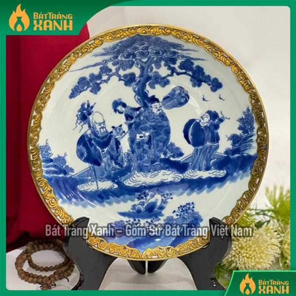Đĩa sứ men lam bọc đồng họa tiết phi 26cm Đĩa sứ men lam bọc đồng họa tiết phi 26cm