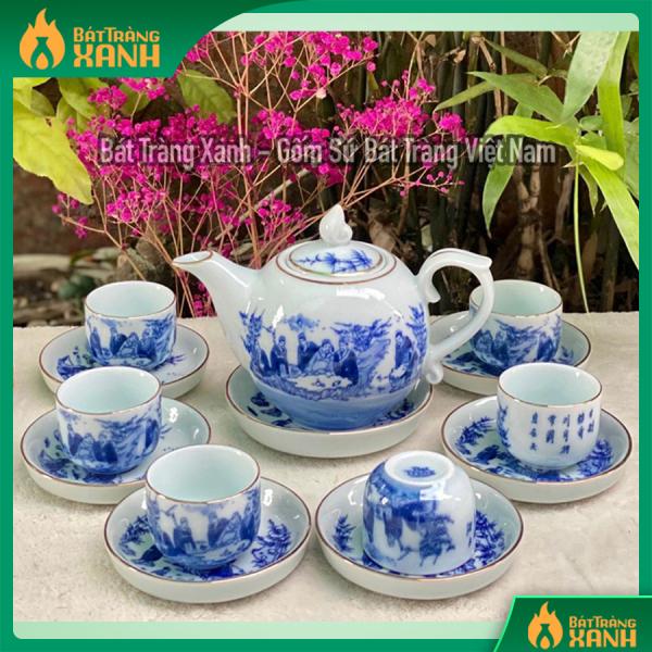 Ấm chén men lam Trúc Lâm Thất Hiền kẻ chỉ vàng Ấm chén men lam Trúc Lâm Thất Hiền kẻ chỉ vàng