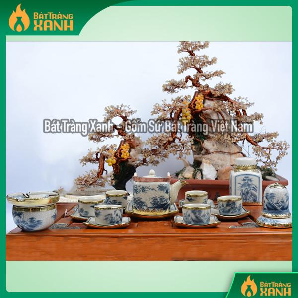 Ấm chén men rạn bọc đồng vẽ đồng quê dáng vuông đầy đủ phụ kiện Ấm chén men rạn bọc đồng vẽ đồng quê dáng vuông đầy đủ phụ kiện