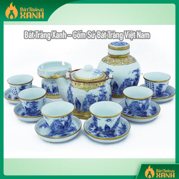 Bộ ấm chén Bát Tràng bọc đồng men lam Trúc Lâm Thất Hiền dáng vuốt đầy đủ phụ kiện Bộ ấm chén Bát Tràng bọc đồng men lam Trúc Lâm Thất Hiền dáng vuốt đầy đủ phụ kiện