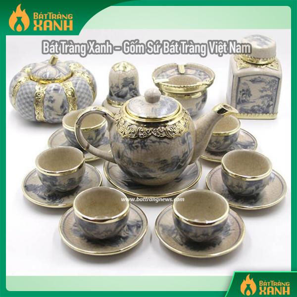 Bộ ấm chén Bát Tràng bọc đồng men rạn dáng Minh Long đầy đủ phụ kiện Bộ ấm chén Bát Tràng bọc đồng men rạn dáng Minh Long đầy đủ phụ kiện