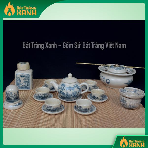 Ấm chén men rạn vẽ đồng quê dáng quả hồng đầy đủ phụ kiện Ấm chén men rạn vẽ đồng quê dáng quả hồng đầy đủ phụ kiện