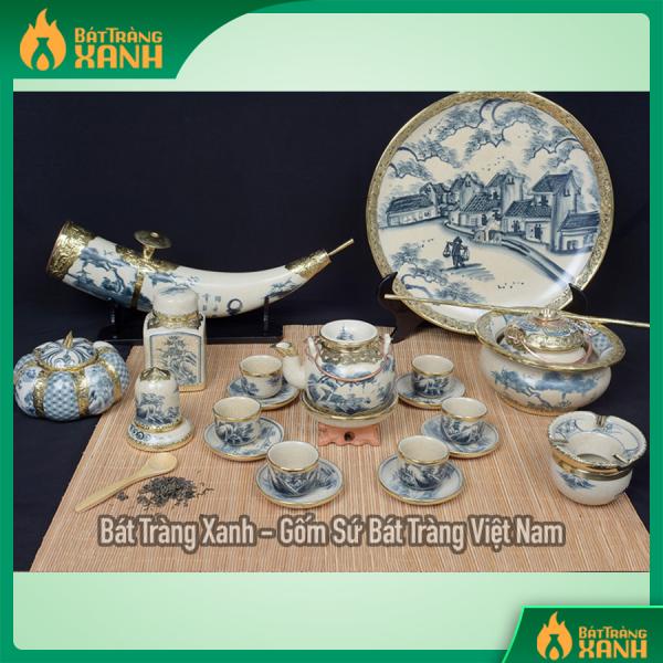 Ấm chén men giả cổ bọc đồng sơn thủy vung lõm phụ kiện + Điếu ngà Ấm chén men giả cổ bọc đồng sơn thủy vung lõm phụ kiện + Điếu ngà