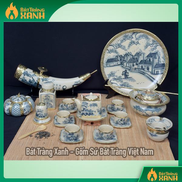 Ấm chén men rạn bọc đồng vẽ đồng quê dáng vuông + Phụ kiện + Đĩa cảnh + Ngà voi + Điếu bát Ấm chén men rạn bọc đồng vẽ đồng quê dáng vuông + Phụ kiện + Đĩa cảnh + Ngà voi + Điếu bát