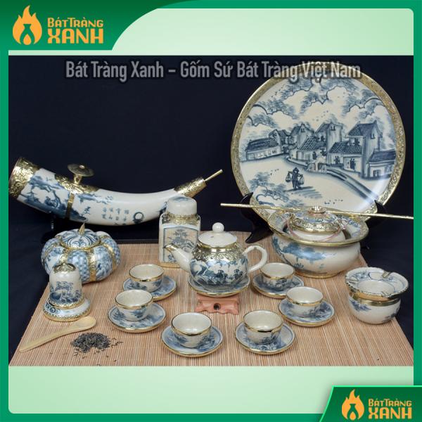 Bộ ấm chén men rạn bọc đồng Sơn Thủy quả hồng + phụ kiện + đĩa cảnh + ngà voi + điếu bát Bộ ấm chén men rạn bọc đồng Sơn Thủy quả hồng + phụ kiện + đĩa cảnh + ngà voi + điếu bát