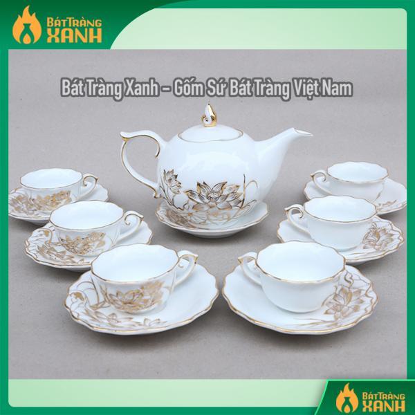 Bộ ấm chén men trắng vẽ hoa sen vàng kim Bộ ấm chén men trắng vẽ hoa sen vàng kim