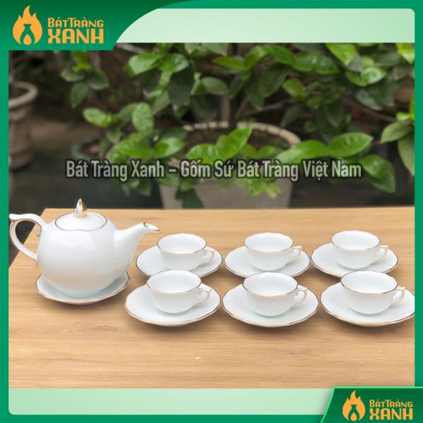 Bộ ấm chén men trắng vẽ vàng kim dáng mẫu đơn S1 Bộ ấm chén men trắng vẽ vàng kim dáng mẫu đơn S1
