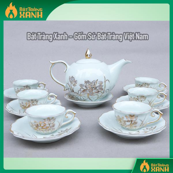 Bộ ấm chén men xanh ngọc vẽ hoa sen vàng kim Bộ ấm chén men xanh ngọc vẽ hoa sen vàng kim