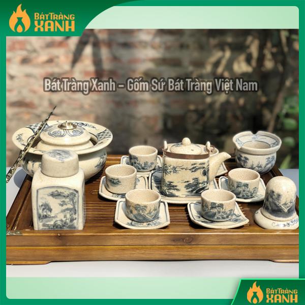 Ấm chén men rạn vẽ đồng quê dáng vuông đầy đủ phụ kiện (không có khay) Ấm chén men rạn vẽ đồng quê dáng vuông đầy đủ phụ kiện (không có khay)