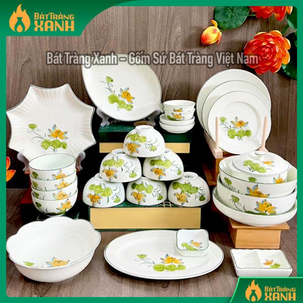 Bộ bát đĩa Bát Tràng cao cấp vẽ sen cam Bộ bát đĩa Bát Tràng cao cấp vẽ sen cam