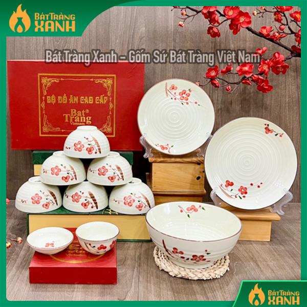 Bộ bát đĩa Bát Tràng họa tiết hoa đào đỏ Bộ bát đĩa Bát Tràng họa tiết hoa đào đỏ