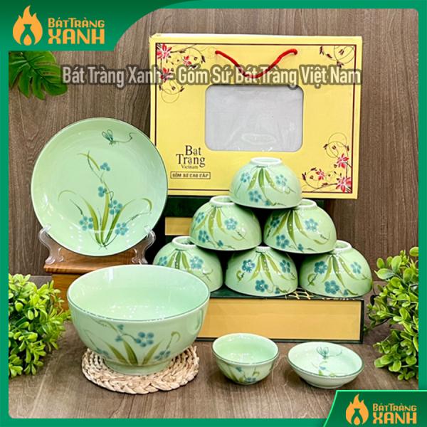 Bộ bát đĩa Bát Tràng họa tiết ngọc hoa cỏ xanh Bộ bát đĩa Bát Tràng họa tiết ngọc hoa cỏ xanh