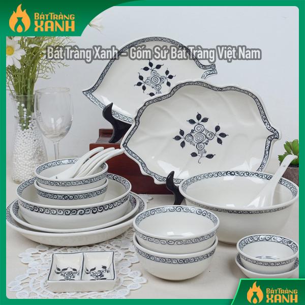 Bộ bát đĩa Bát Tràng hoa vẽ móc 18 sản phẩm Bộ bát đĩa Bát Tràng hoa vẽ móc 18 sản phẩm