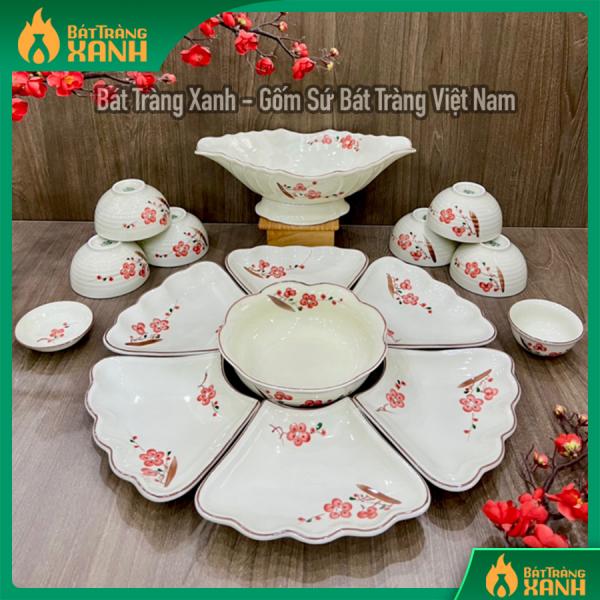Bộ bát đĩa hoa mặt trời Bát Tràng họa tiết hoa đào đỏ - Hàng vẽ tay Bộ bát đĩa hoa mặt trời Bát Tràng họa tiết hoa đào đỏ - Hàng vẽ tay