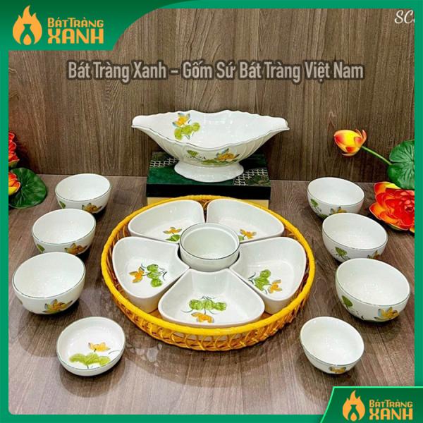 Bộ bát đĩa sứ 5 cánh hoa mai kèm khay mây bày đựng thức ăn, bánh kẹo Bộ bát đĩa sứ 5 cánh hoa mai kèm khay mây bày đựng thức ăn, bánh kẹo
