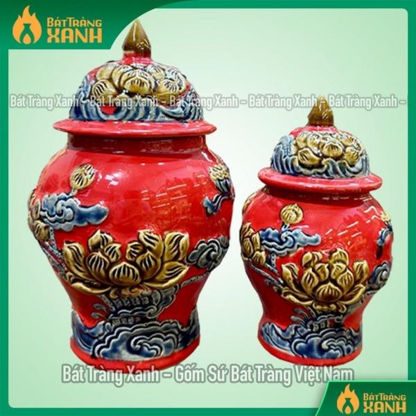 Chóe Thờ, Chum Thờ, Chóe Men Đỏ Hàng Đắp Nổi Sen Hàng Bát Tràng Chóe Thờ, Chum Thờ, Chóe Men Đỏ Hàng Đắp Nổi Sen Hàng Bát Tràng