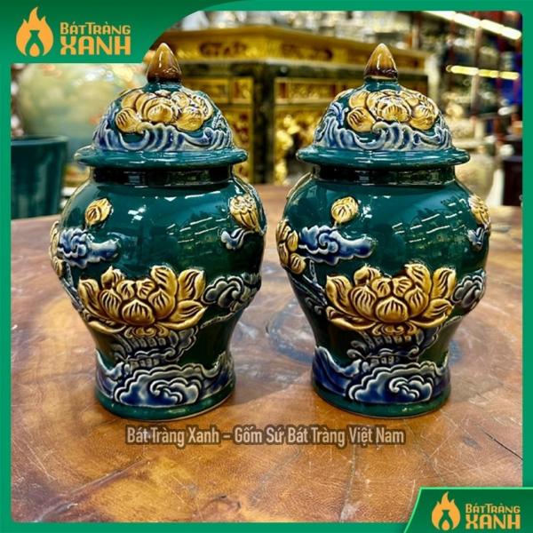 Chóe Thờ, Chum Thờ, Chóe Men Xanh Lục Bảo Hàng Đắp Nổi Rồng - Sen Chóe Thờ, Chum Thờ, Chóe Men Xanh Lục Bảo Hàng Đắp Nổi Rồng - Sen