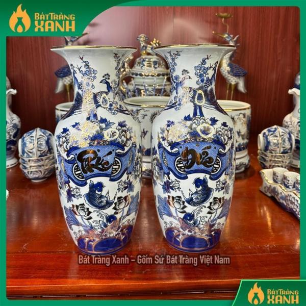 Đôi Lọ Lục Bình Phúc Đức Gốm Sứ Bát Tràng, Men Lam Vẽ Vàng 24K Đôi Lọ Lục Bình Phúc Đức Gốm Sứ Bát Tràng, Men Lam Vẽ Vàng 24K