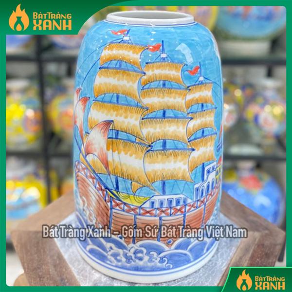Lọ hoa Bát Tràng vẽ Thuận buồm xuôi gió-Hoa sen Lọ hoa Bát Tràng vẽ Thuận buồm xuôi gió-Hoa sen